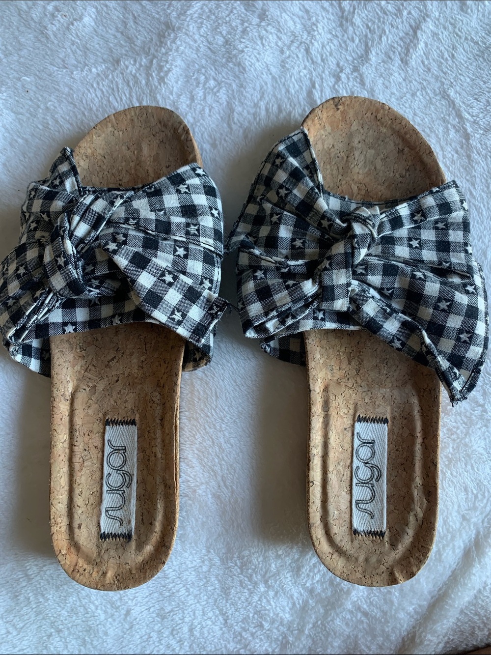 Gingham Bow Cork Slide Sandals - Black & White